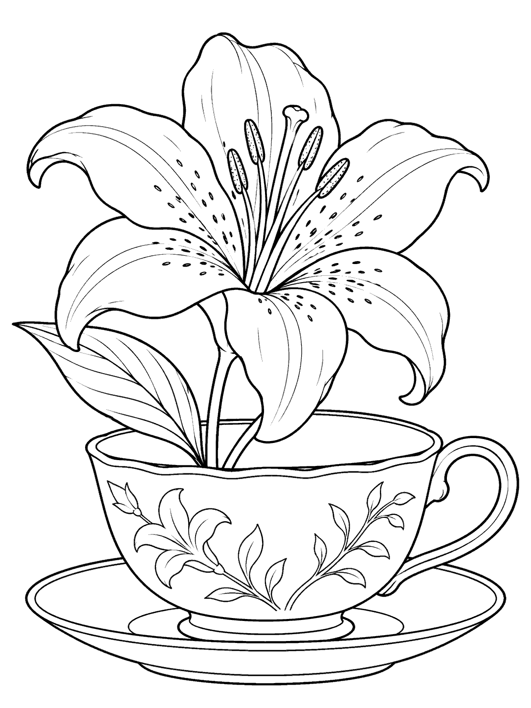 A large open lily with two leaves arranged in a decorated teacup on a saucer.