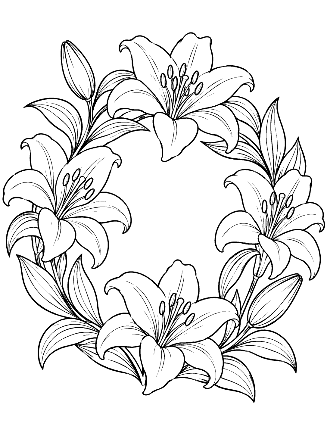 A circular wreath of four open lilies, two buds, and broad leaves, with an open center.