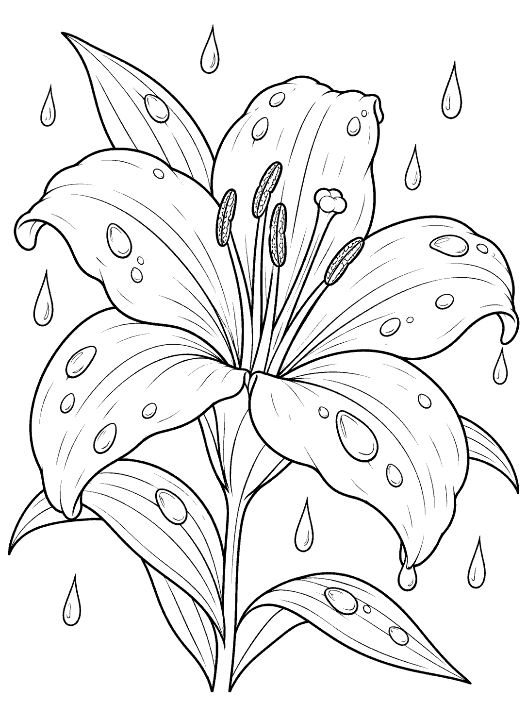 A large open lily with raindrops on its petals and leaves, surrounded by falling drops.