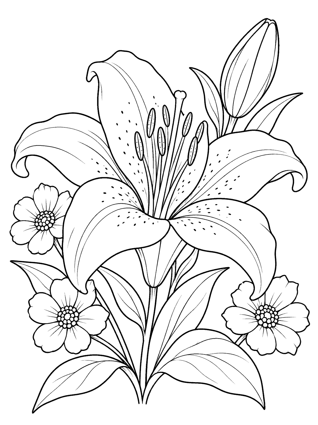 A large six-petaled lily with a closed bud, three smaller flowers, and sweeping leaves in black line art.