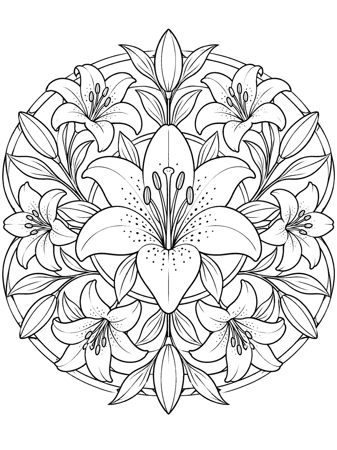 Black outline coloring page with a large central lily surrounded by a symmetrical circular arrangement of smaller lilies, petals, and leaves.