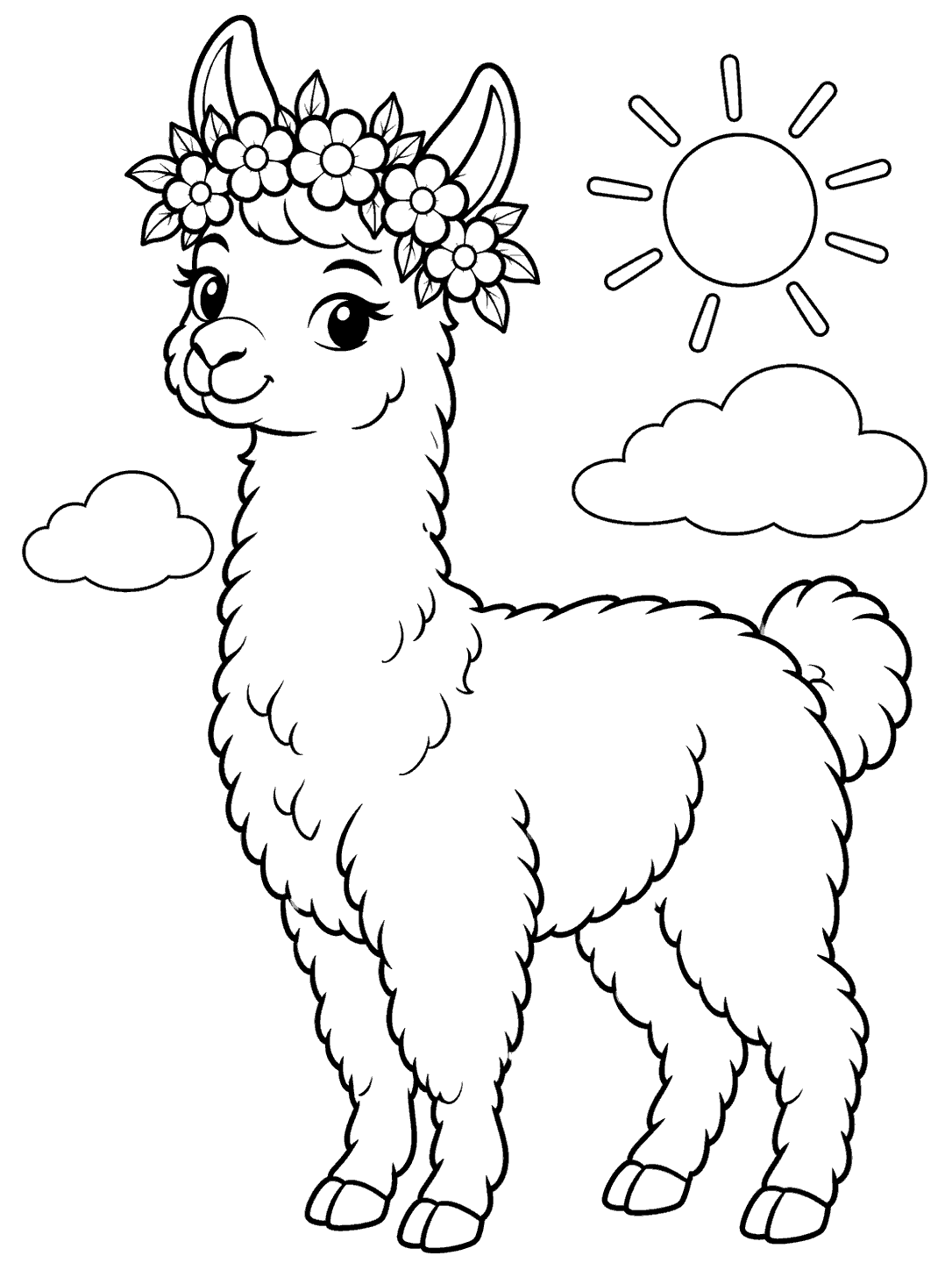 Full-body llama wearing a flower crown, with a sun and two clouds in the background