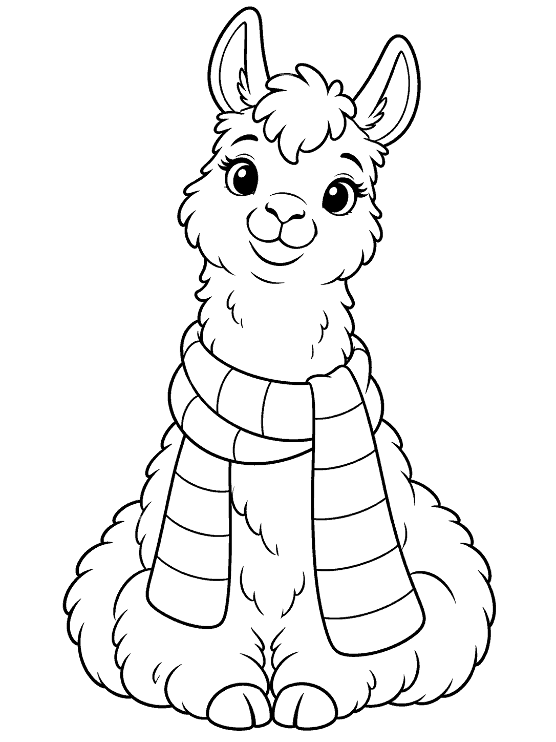 Seated smiling llama with woolly tufts and a long, broadly striped scarf
