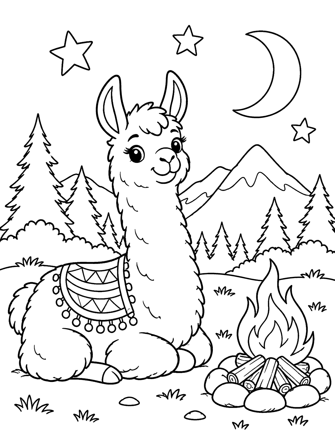 A seated llama beside a campfire, with a crescent moon, stars, pine trees, and mountains in the background.