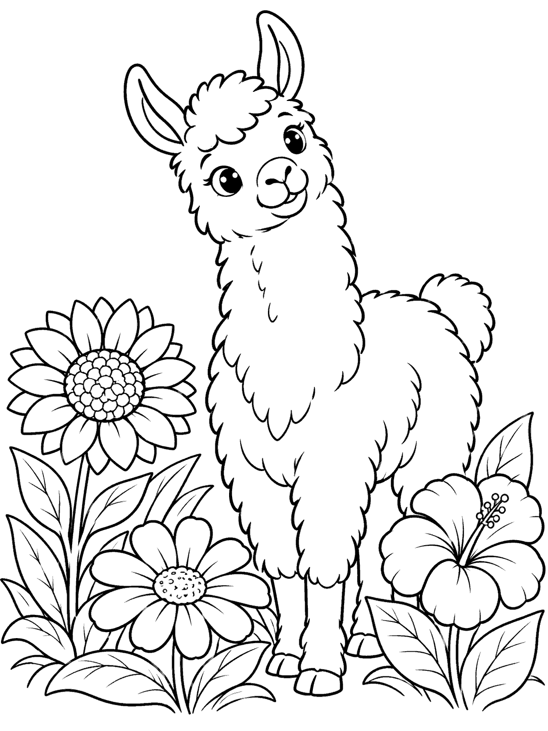 Curious llama centered between three large garden flowers and broad leaves in a black-and-white coloring page.
