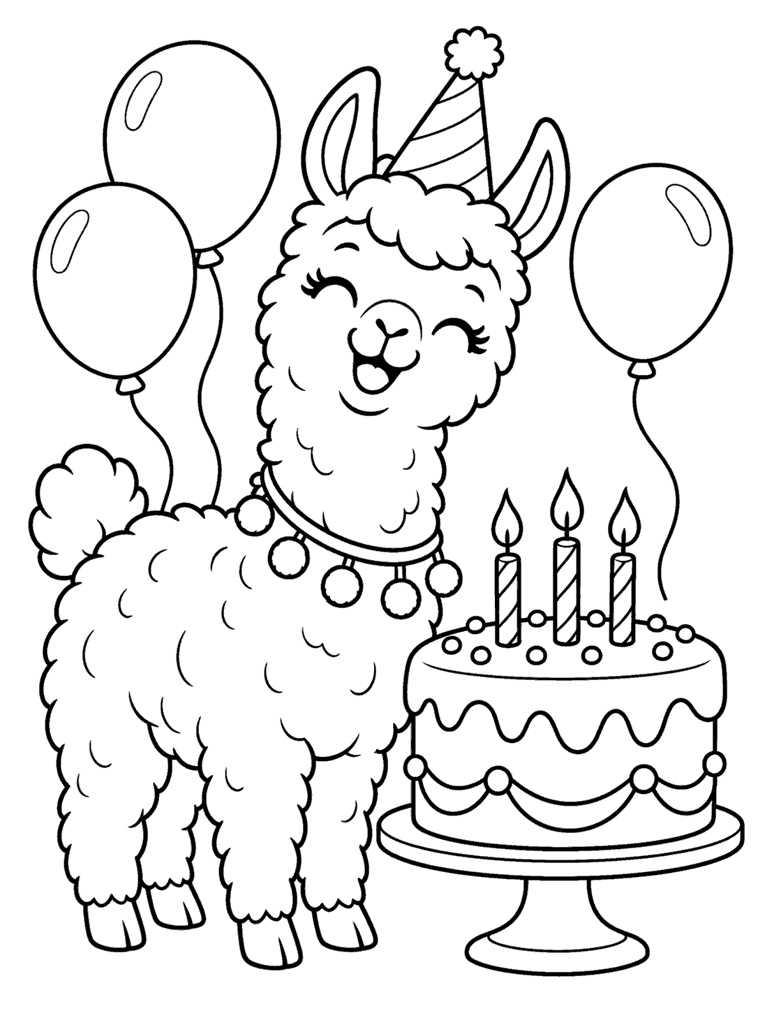 Cheerful party-hat llama beside a tiered birthday cake with three candles and floating balloons.
