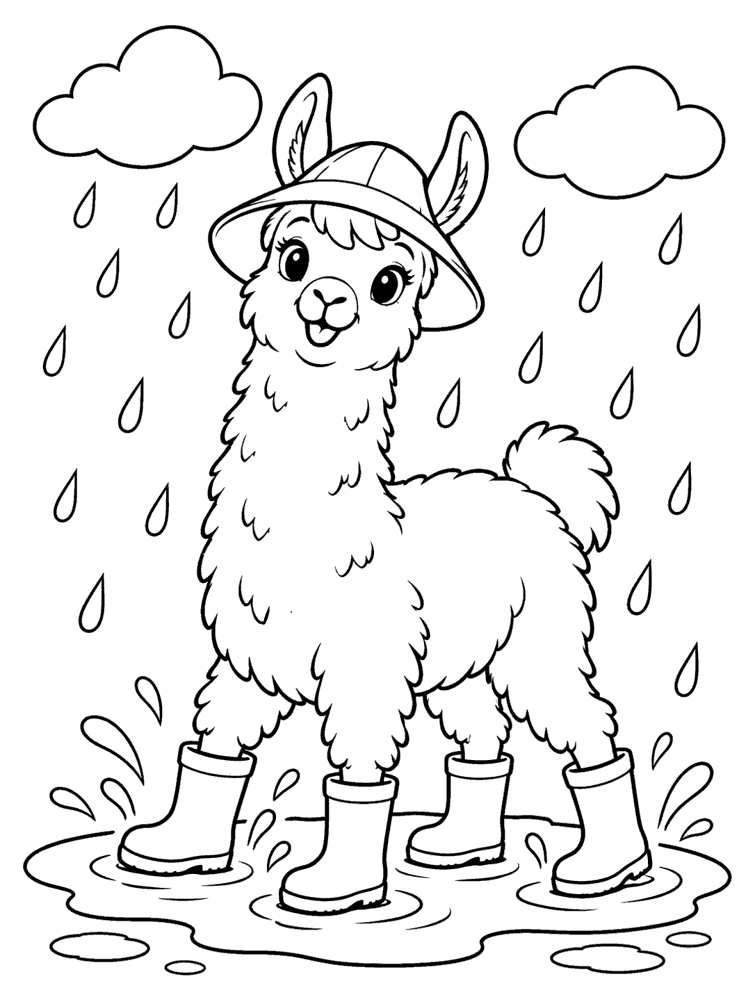 A full-body llama wearing a rain hat and four rain boots stands in a wide puddle beneath two clouds and large raindrops.