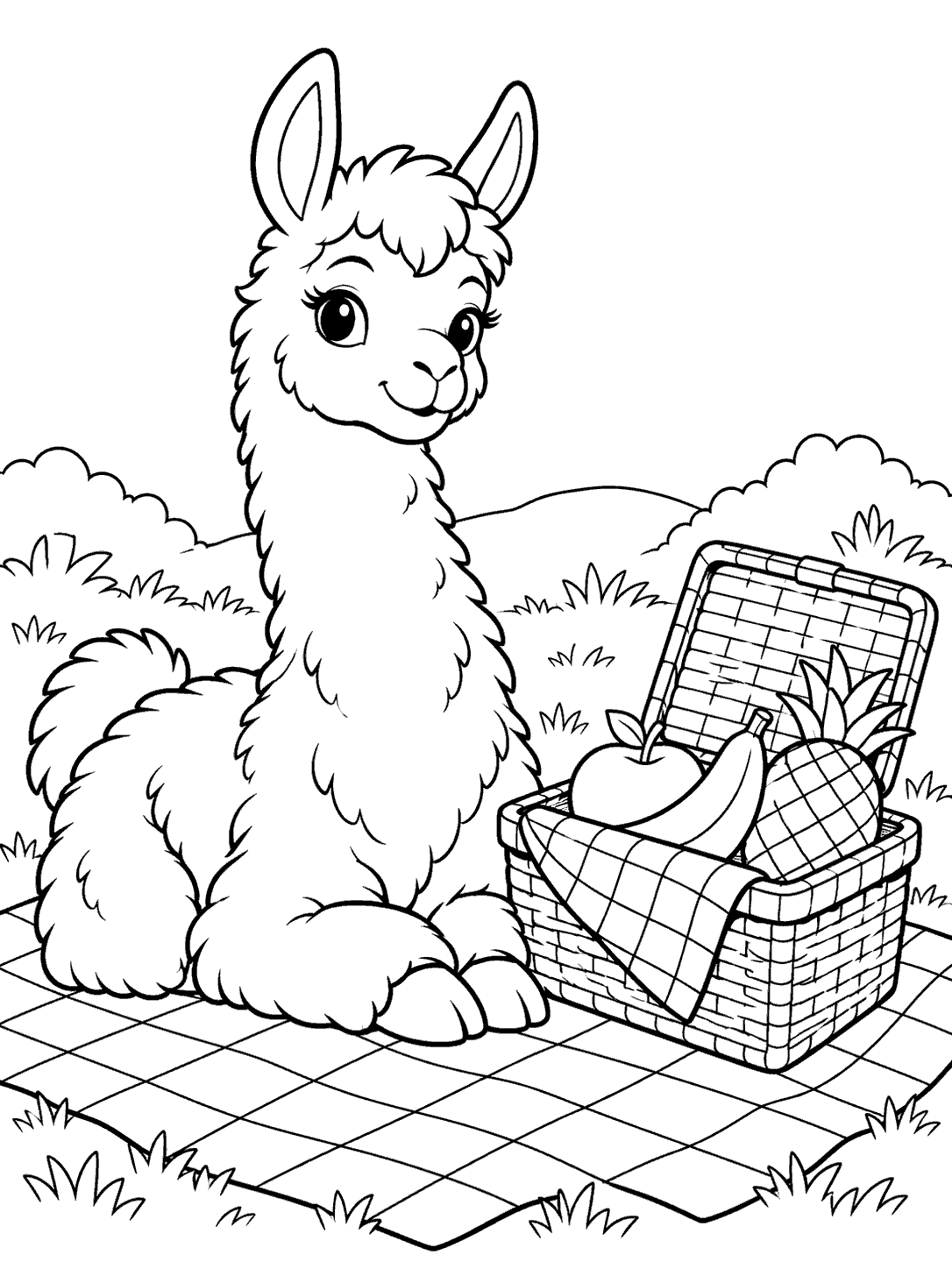 Seated llama beside an open woven basket holding a cloth and three pieces of fruit, on a checkered picnic blanket.