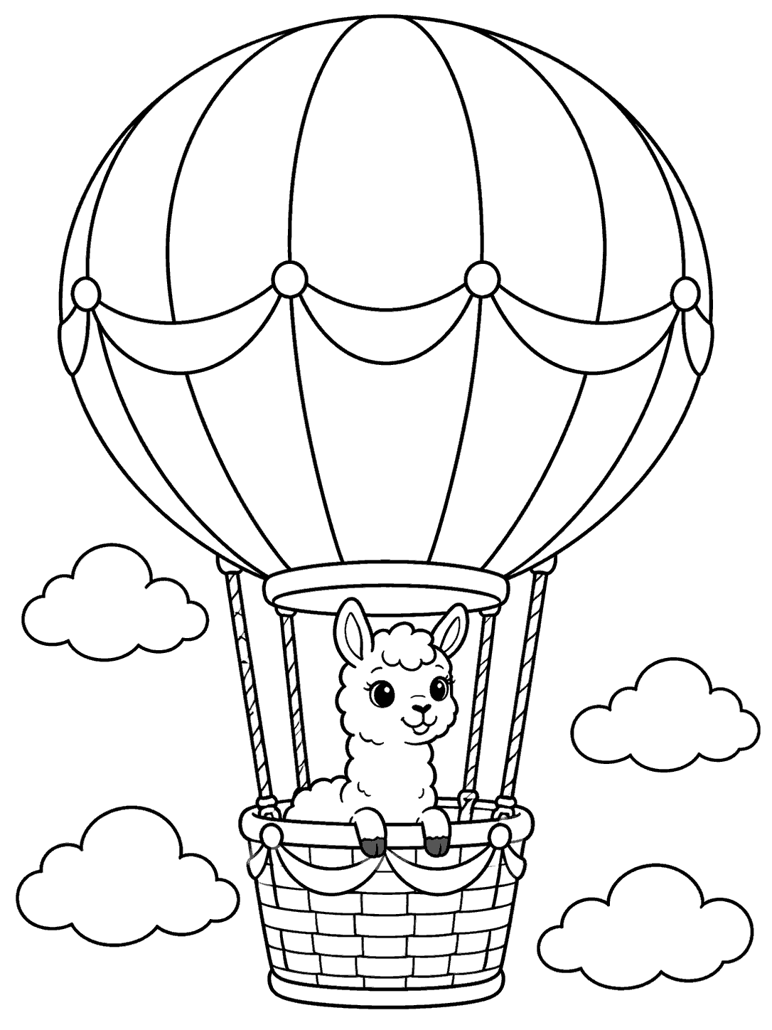 A friendly llama peeks from a woven basket beneath a large paneled hot-air balloon, with clouds around it.
