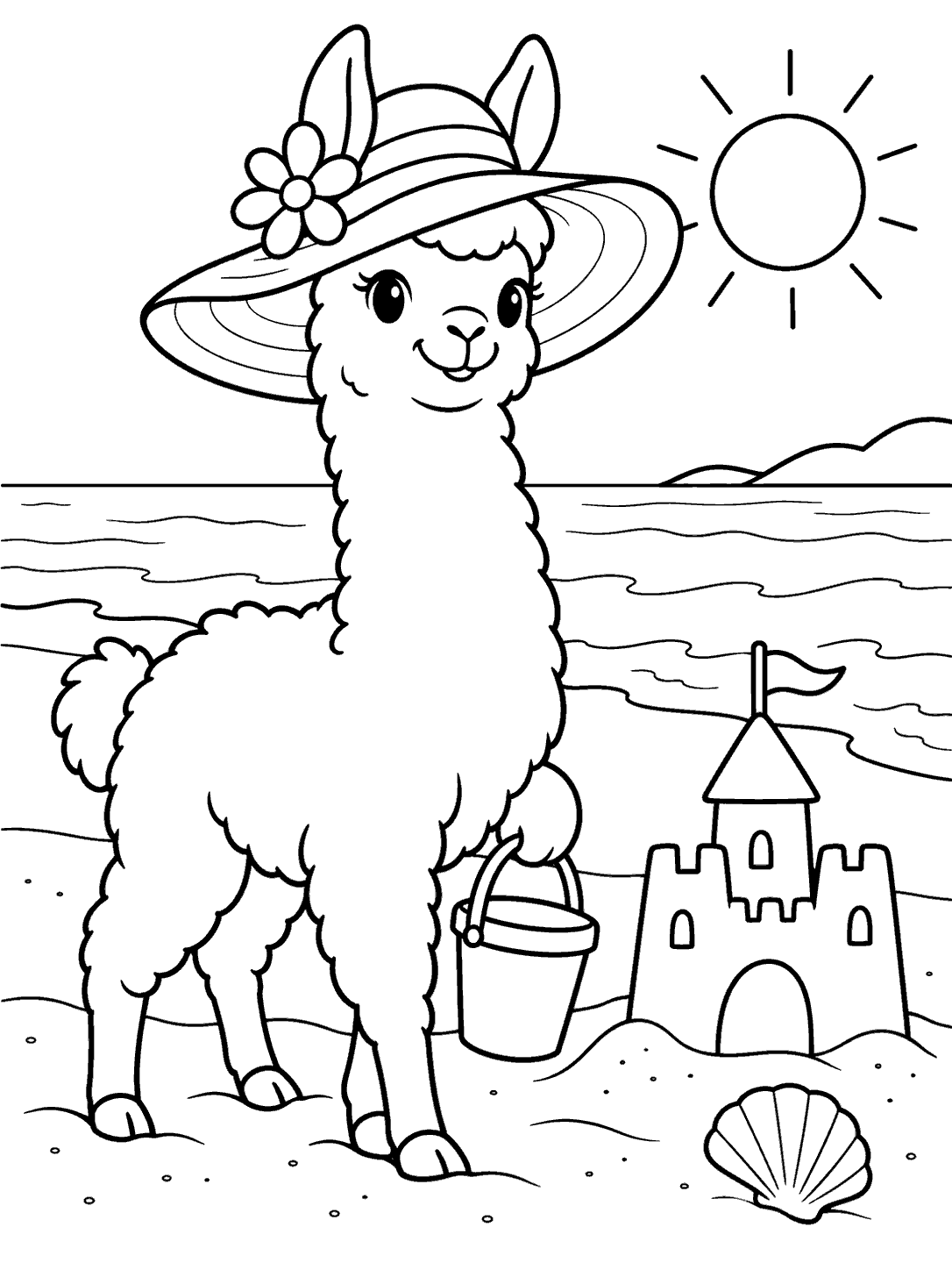 Full-body llama wearing a flowered sun hat with a bucket beside a sandcastle, shoreline, shell, and sun