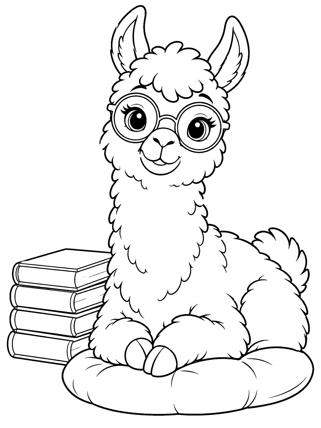 Seated llama wearing round glasses beside a stack of four books, resting on a cushion.