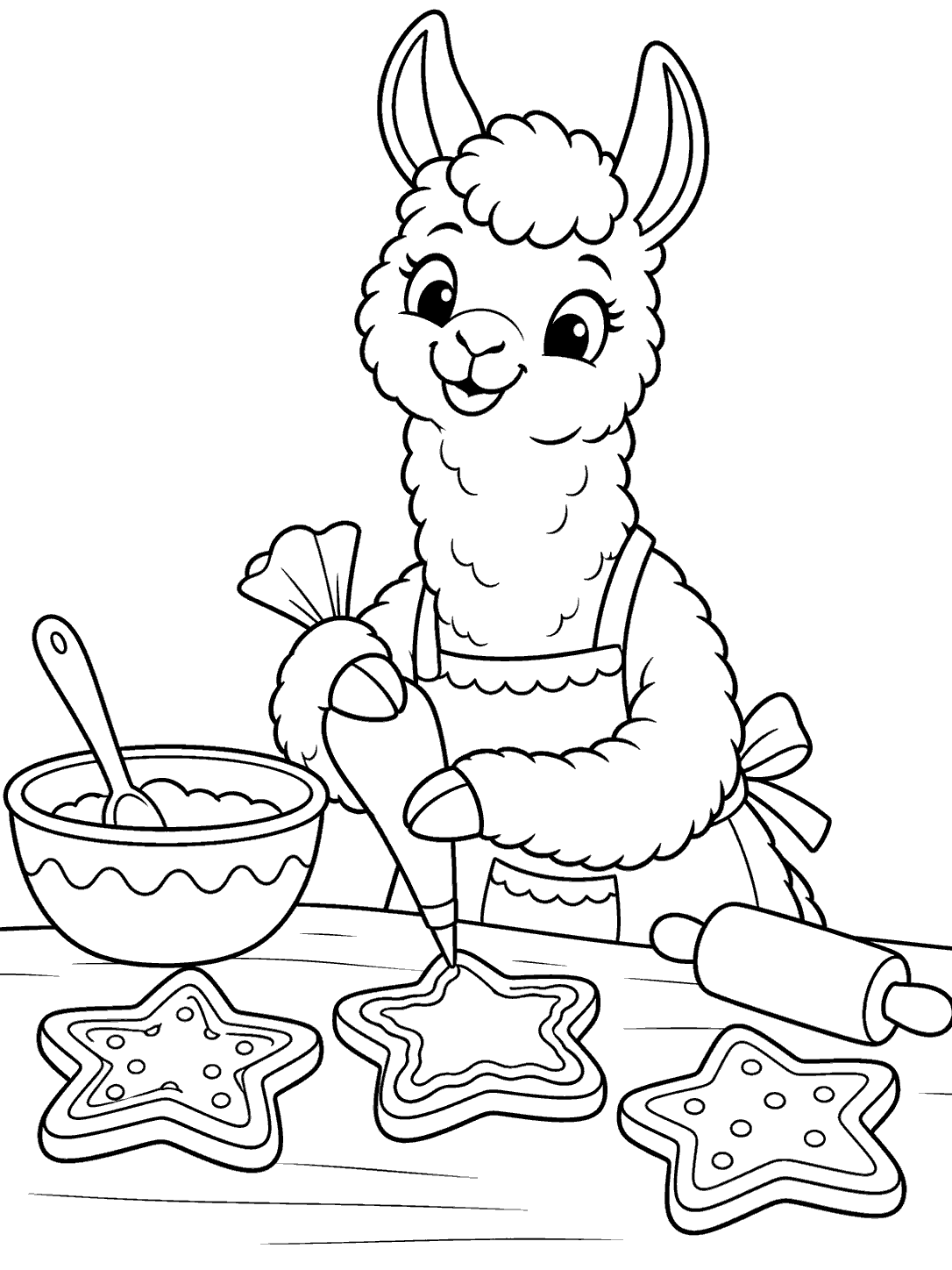 A friendly apron-wearing llama uses a piping bag to decorate three star-shaped cookies beside a mixing bowl and rolling pin.
