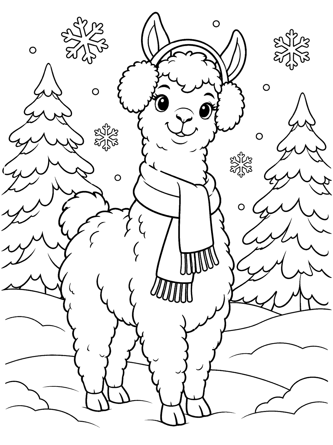 A fluffy llama wearing earmuffs and a scarf stands between two snowy evergreen trees as snowflakes fall.