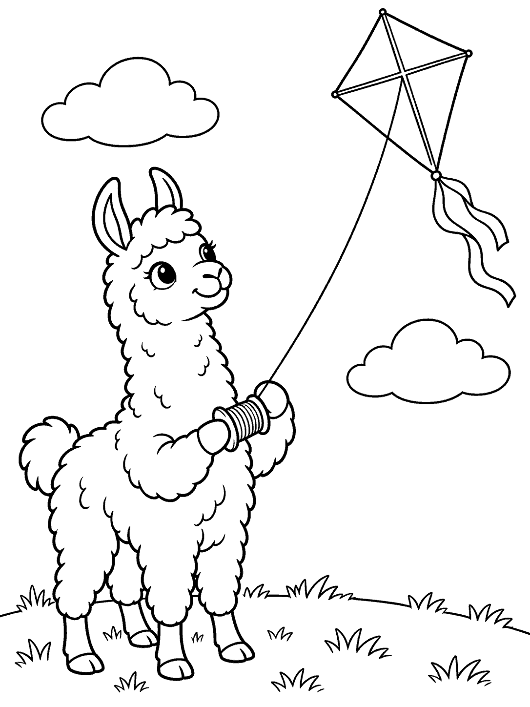 Black-and-white coloring page of a standing llama holding a kite spool, with a diamond kite and two clouds overhead.