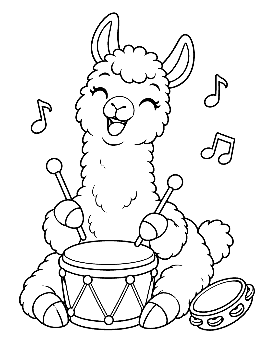 Black-and-white coloring page of a smiling seated llama holding drumsticks over a large drum, with three musical notes and a tambourine nearby.
