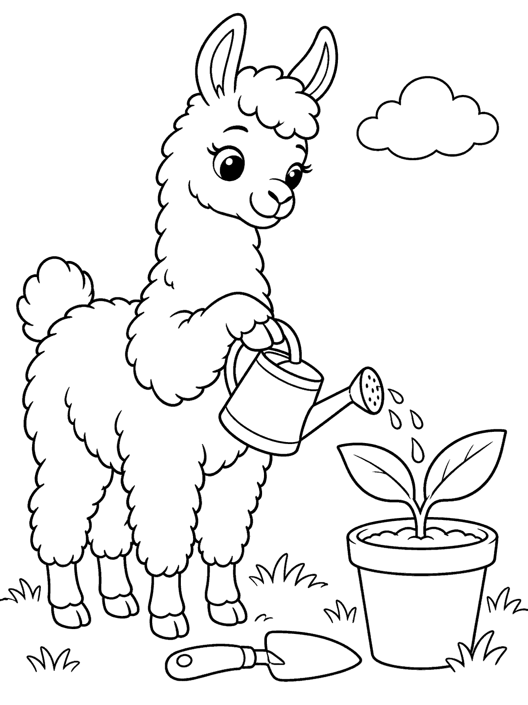 A smiling llama holding a watering can beside a potted seedling with two broad leaves, a small cloud, and a garden trowel.