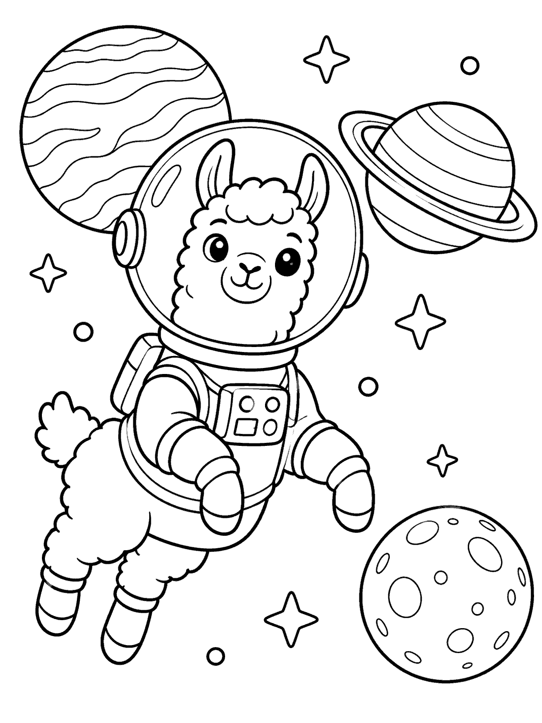 Friendly llama astronaut in a bubble helmet floating upright among three planets and stars, in black-and-white coloring-page line art.