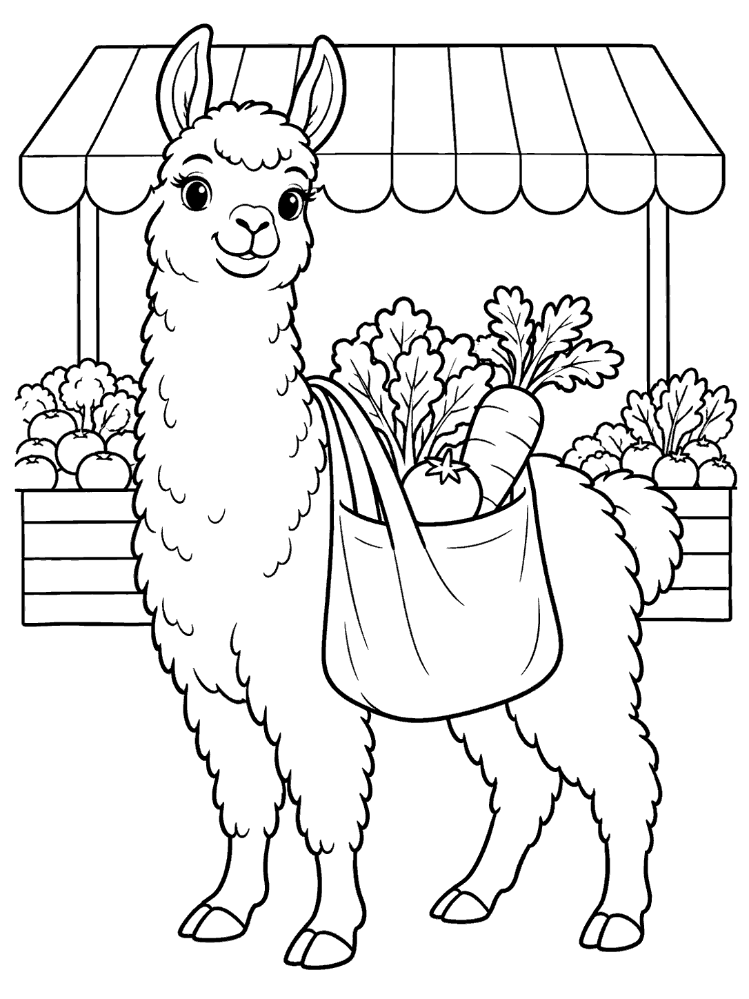 Standing llama with a reusable bag of vegetables beneath a striped market awning