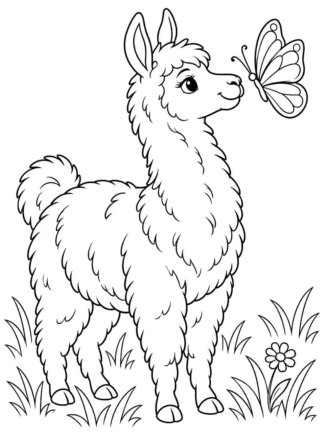 A fluffy llama stands among grass tufts and a small flower, watching a large butterfly near its nose.