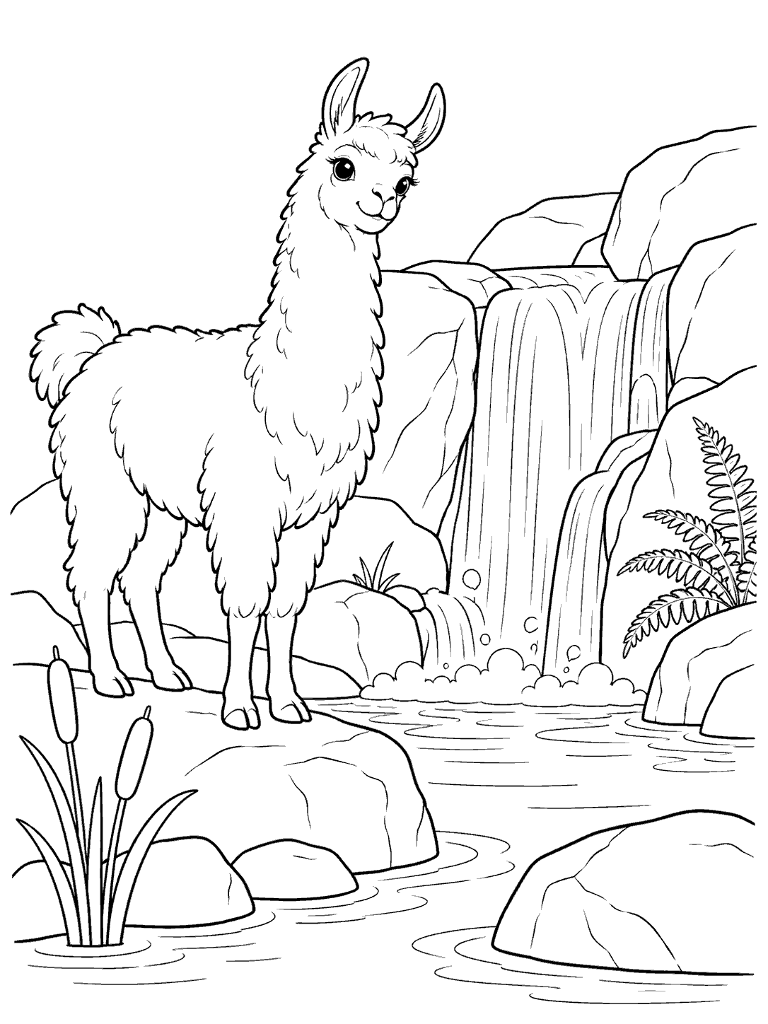 A curious llama stands beside a waterfall flowing into a rocky pool, with reeds and a fern nearby.