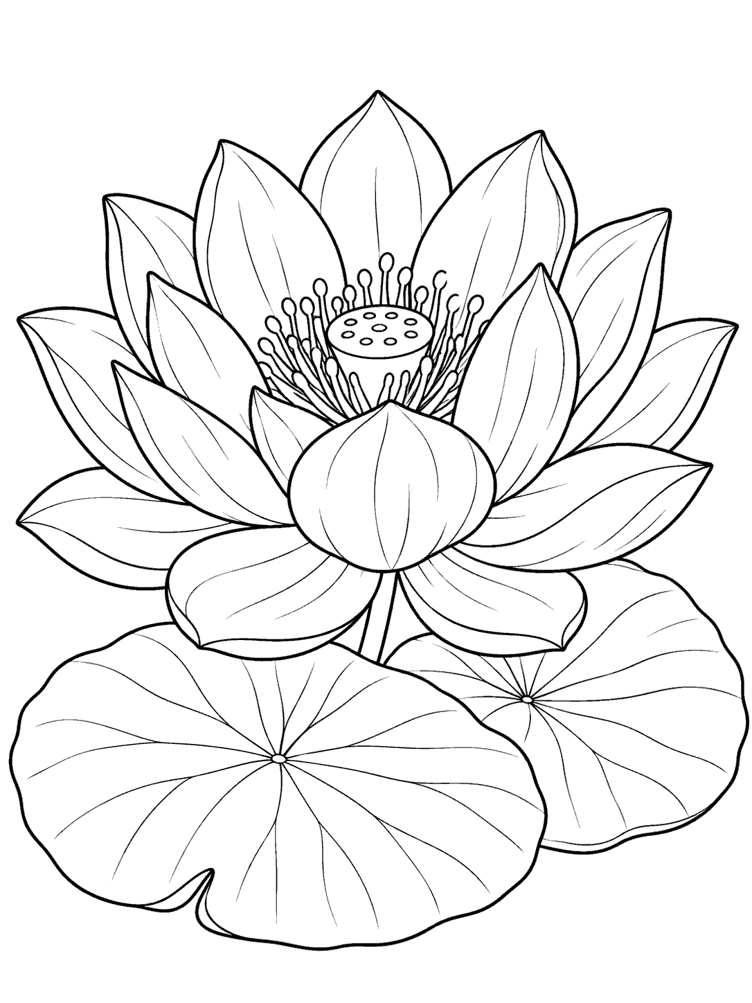 Single lotus bloom with leaves coloring page