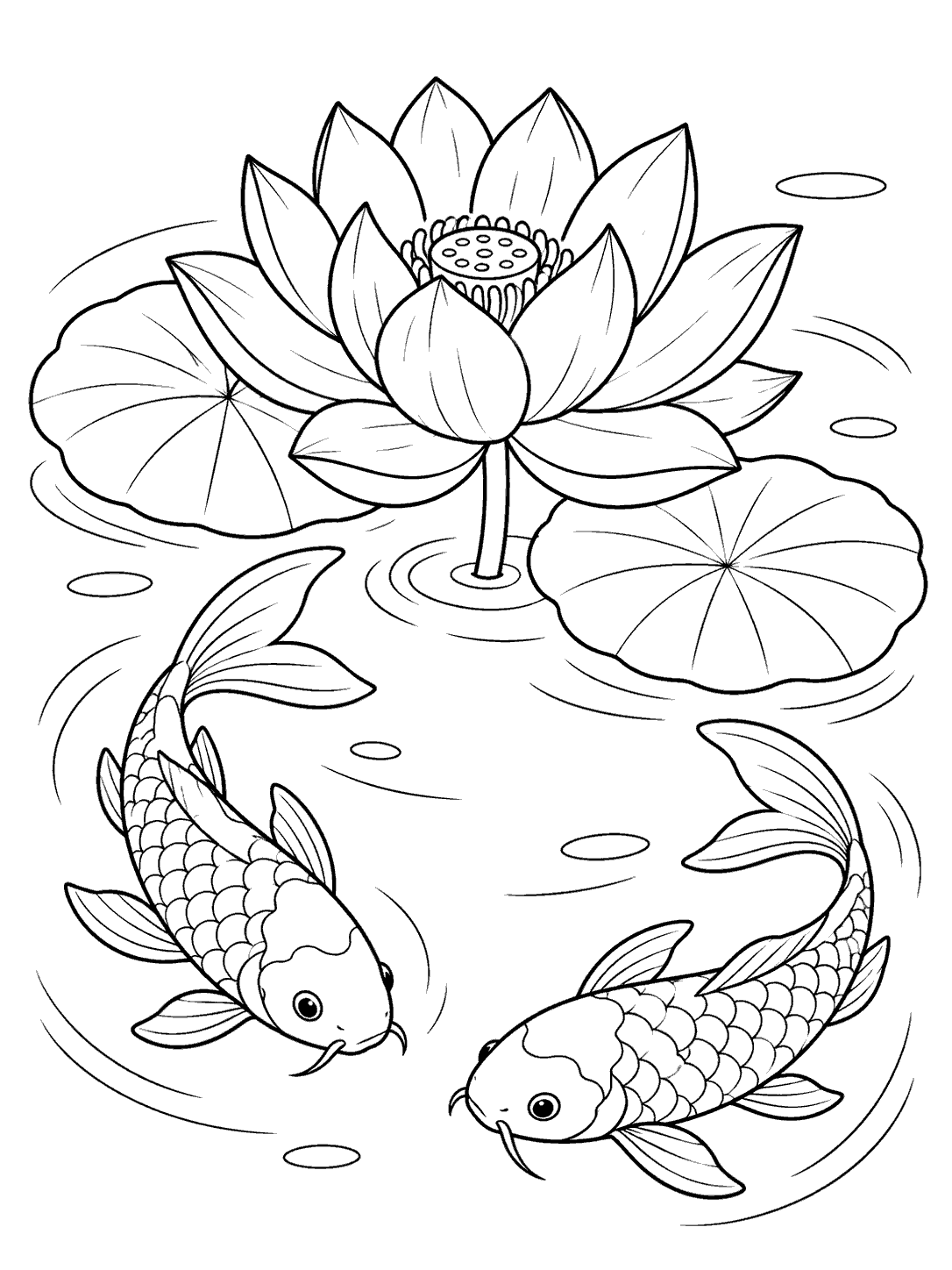 Lotus flower, two floating leaves, and two koi swimming in a pond coloring page