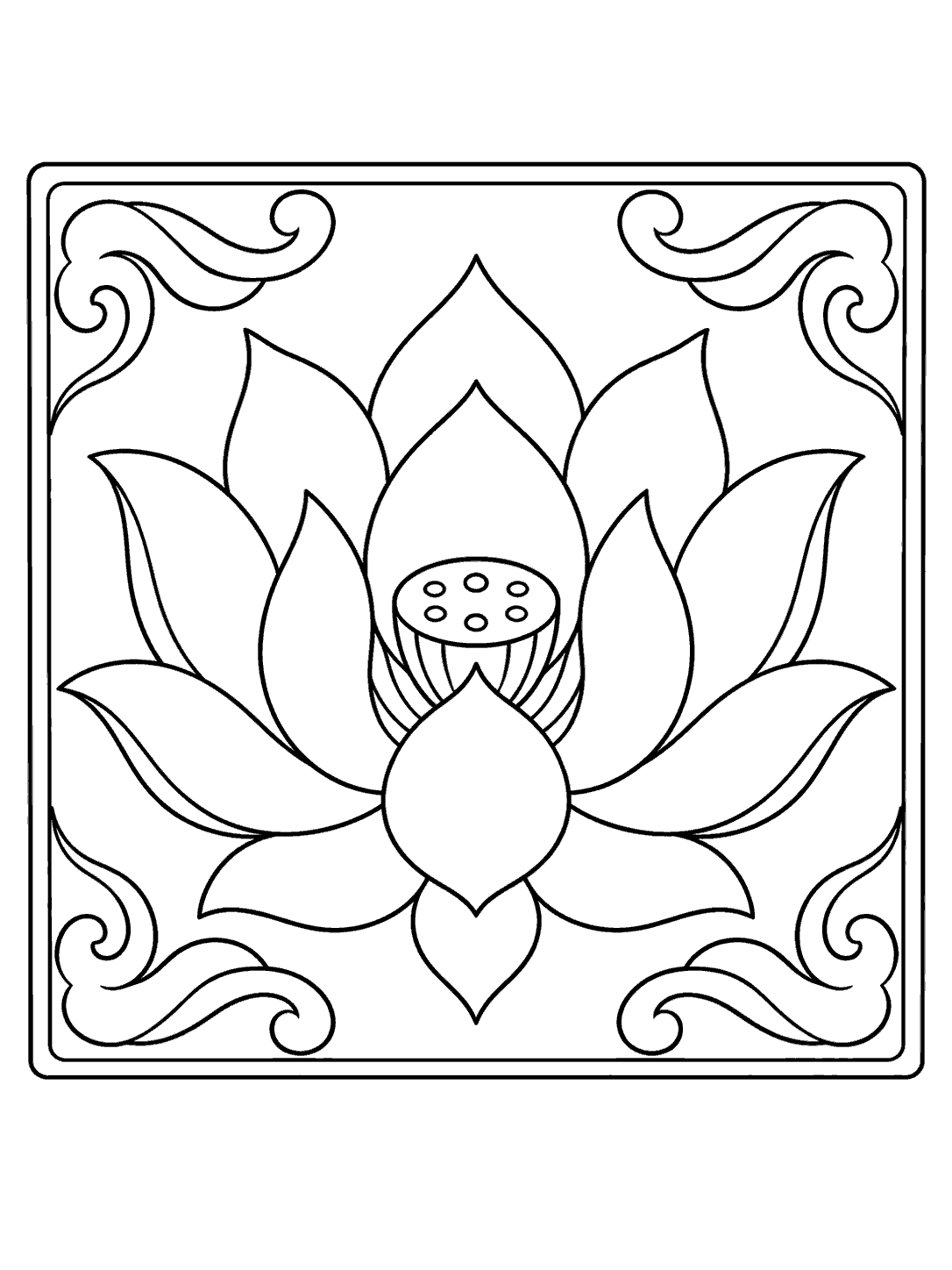 A large pointed-petal lotus with a round seed center inside a square decorative tile, framed by four wave-shaped corner ornaments.