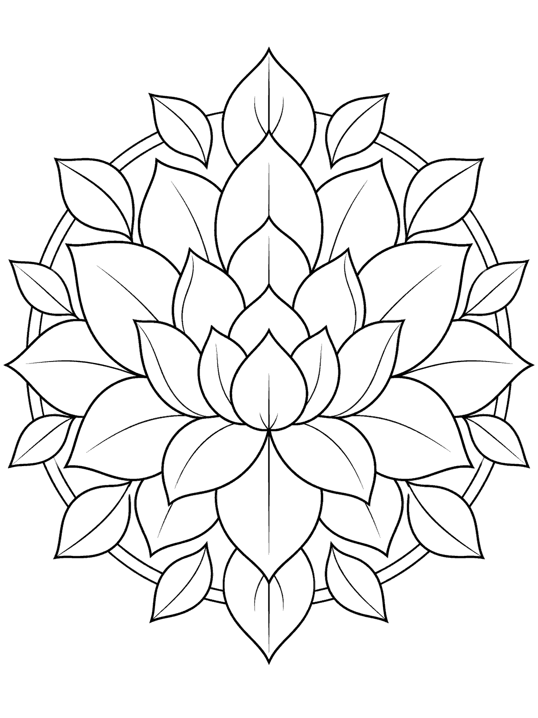 Black outline lotus flower mandala with layered petals and an outer ring of leaves
