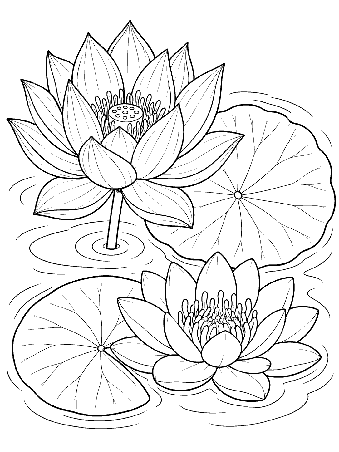 Lotus and water lily with distinct leaves coloring page