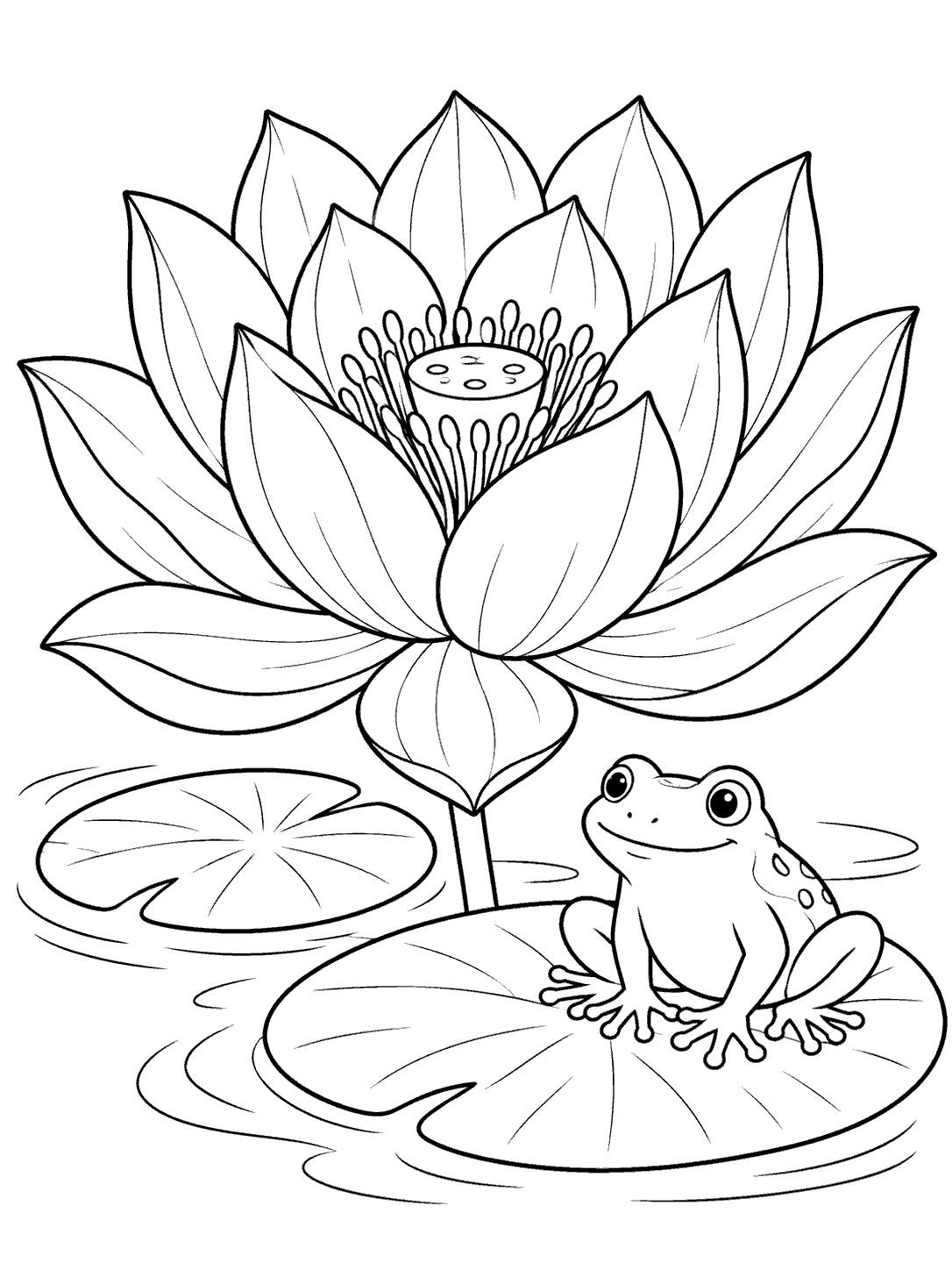 Black outline coloring page of a large lotus bloom, two floating leaves, and a friendly frog seated on the nearer leaf.