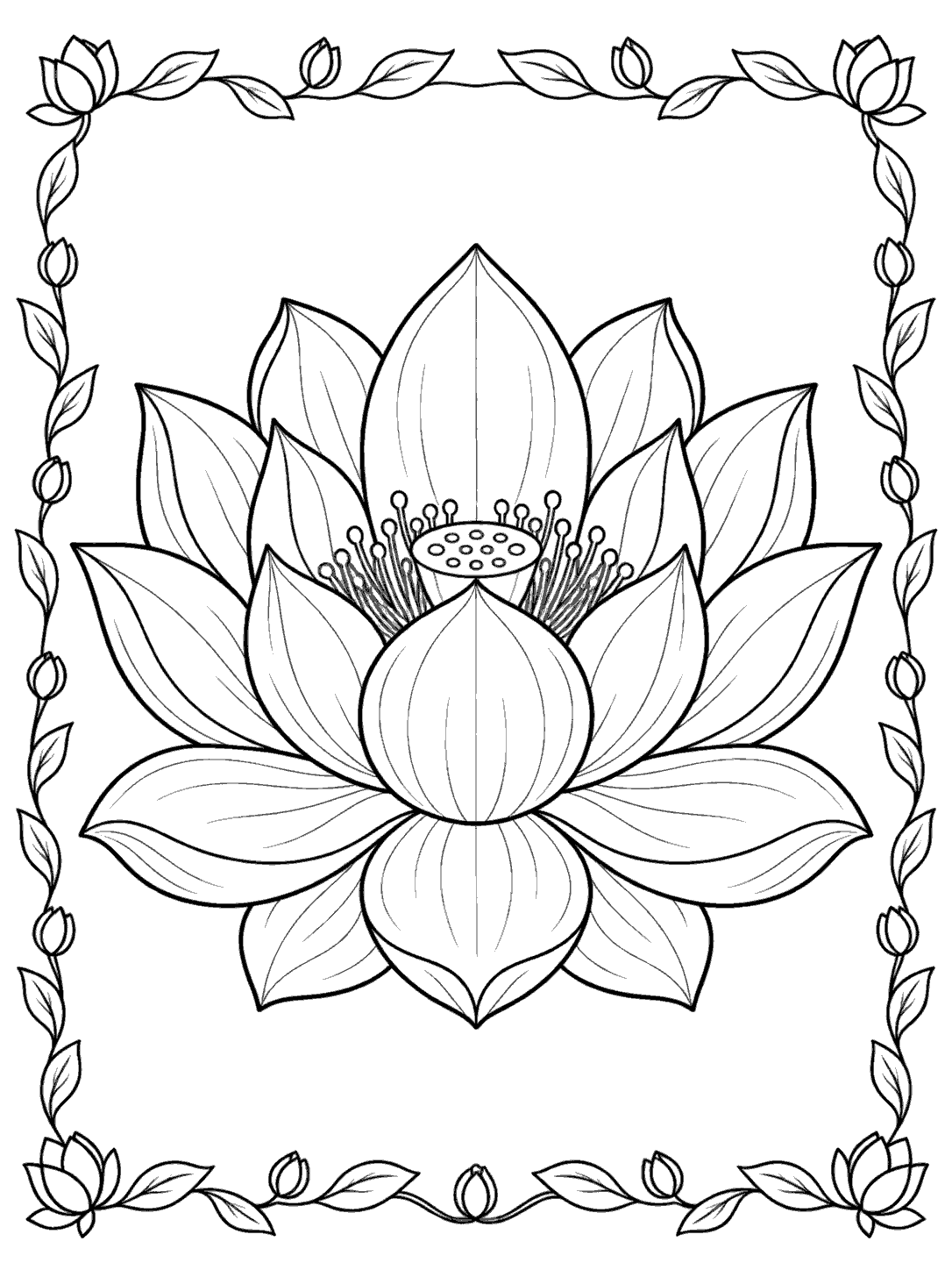 Centered lotus with a leaf-and-bud border coloring page