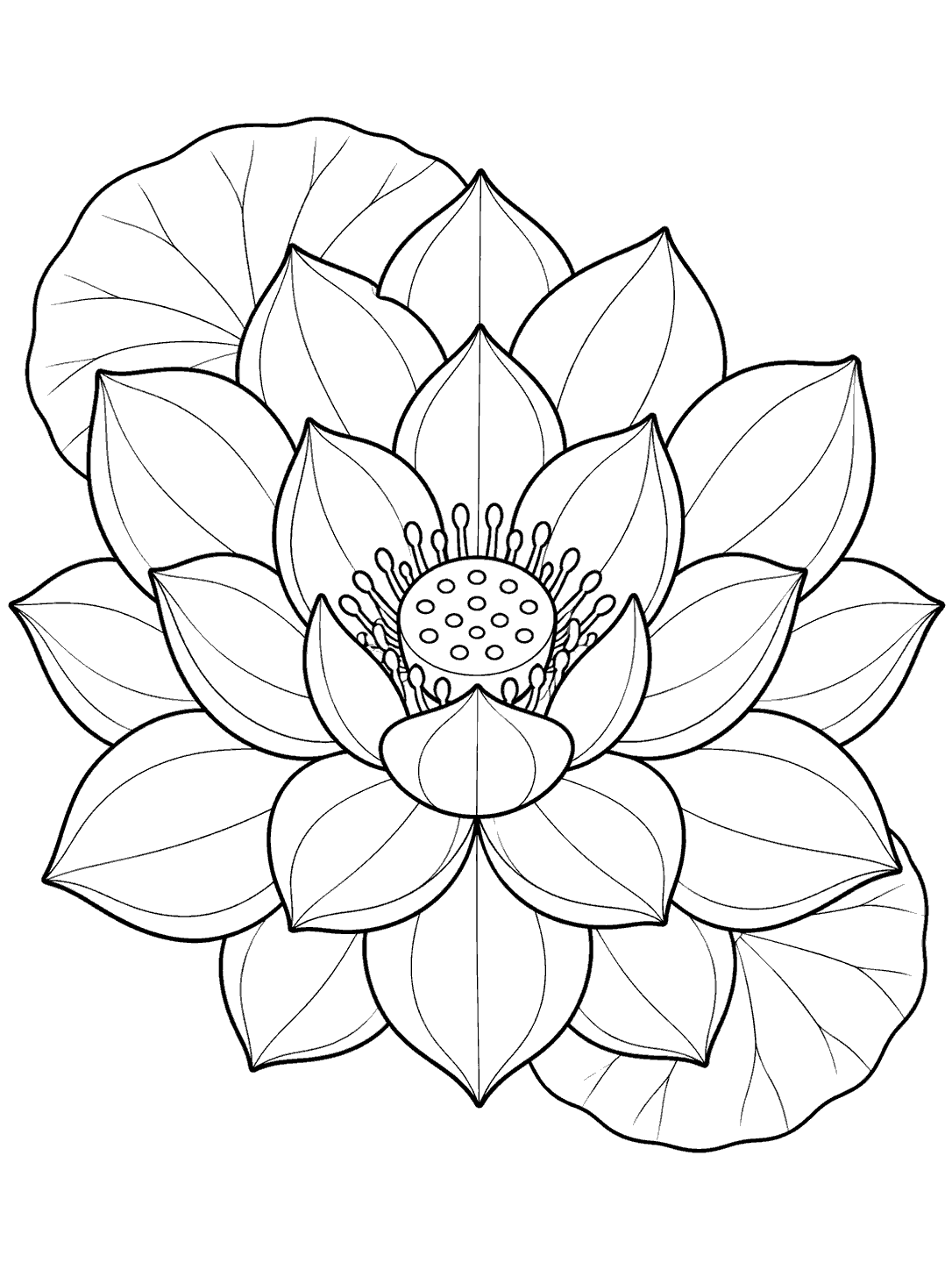 Top-down lotus coloring page with layered petals and two round leaves behind the bloom