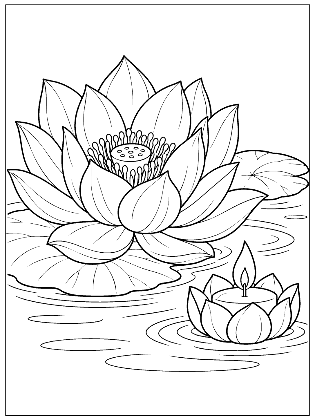 Black-and-white lotus coloring page with a large open flower and a smaller floating lotus candle on calm water
