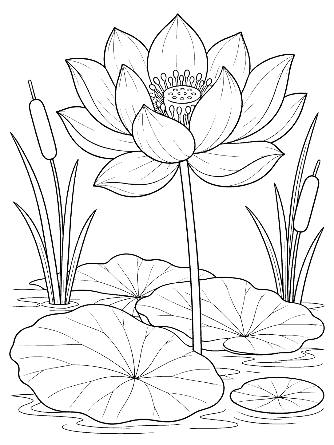 Large lotus bloom above broad pond leaves, with reeds, cattails, and water lines in a coloring page