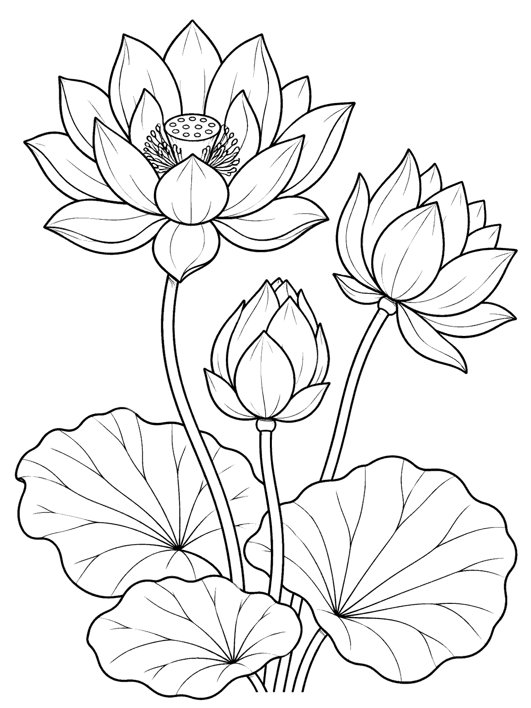 Three lotus blooms at different heights, with one open, one side-facing, and one partly closed, above broad leaves.