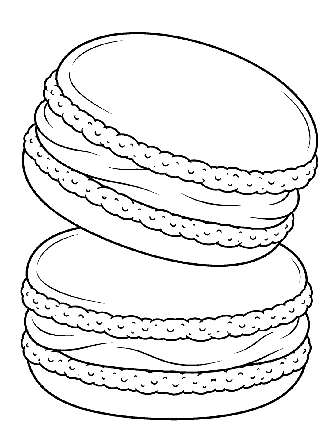 Black outline coloring page showing two large macarons stacked slightly askew on a white background.