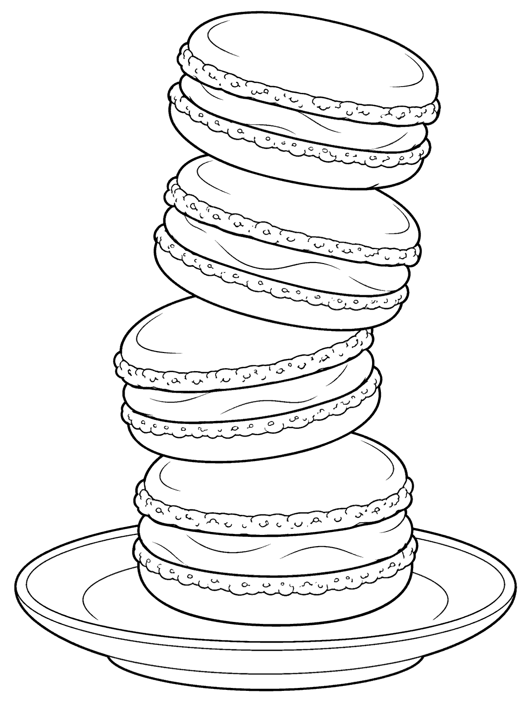 Five large macarons stacked in a gentle curve on a serving plate, drawn in black outlines for coloring.