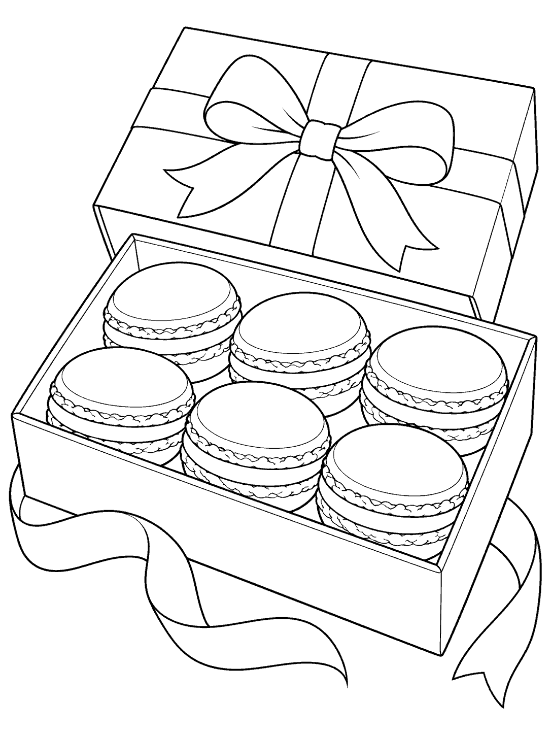 Macaron gift box coloring page with six macarons, a bow, and a loose ribbon.