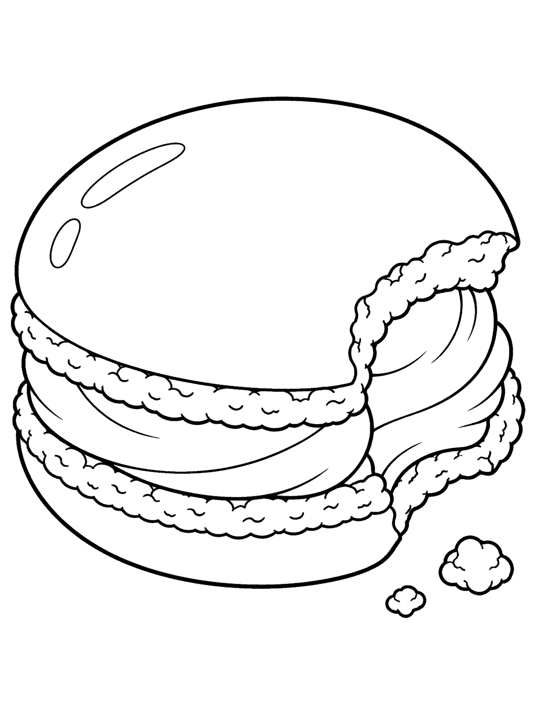 A large outlined macaron with a bite missing from one side and two crumbs nearby.