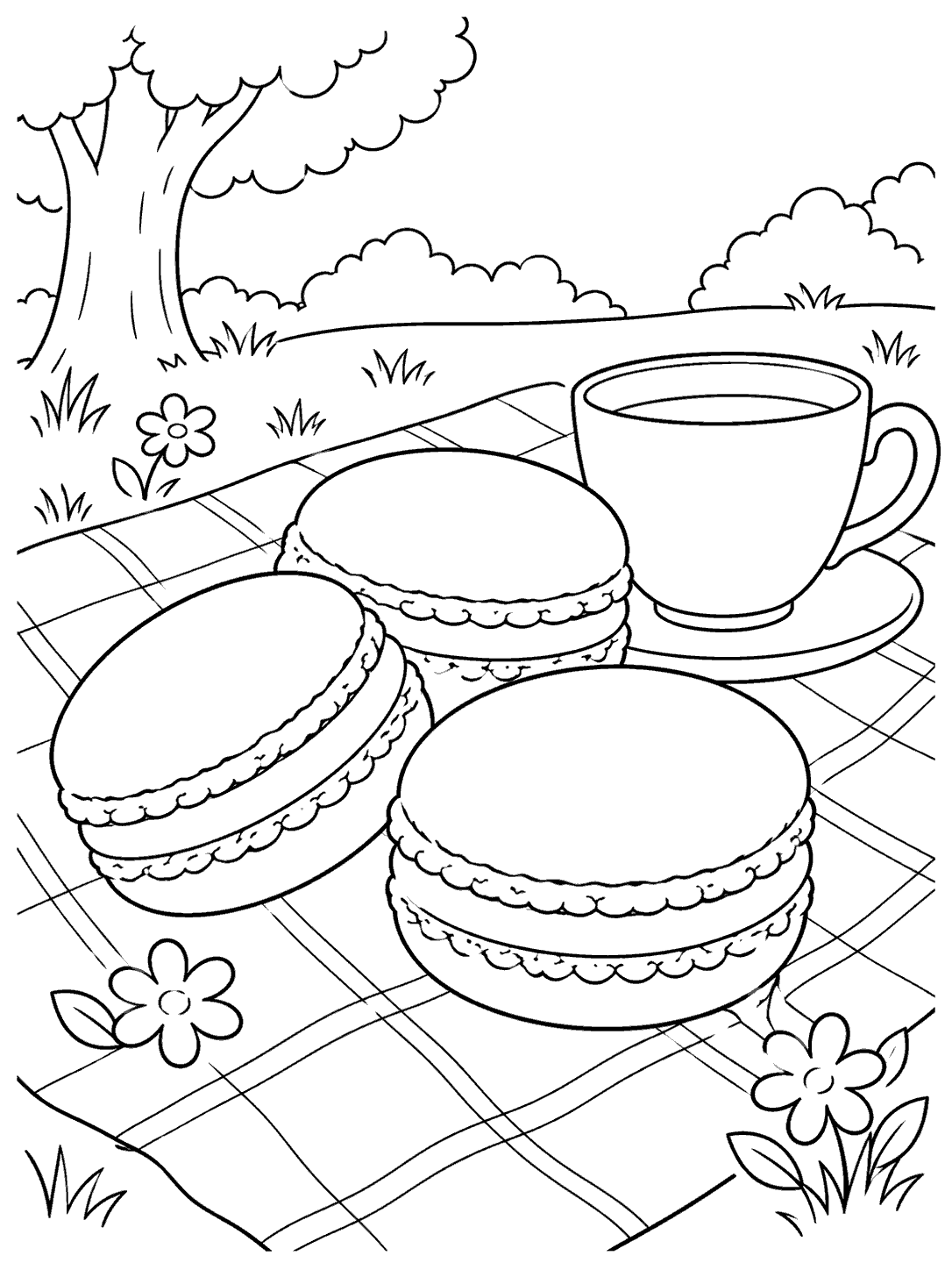 Three outlined macarons and a plain teacup on a checked blanket in a garden picnic scene, with flowers and a tree.