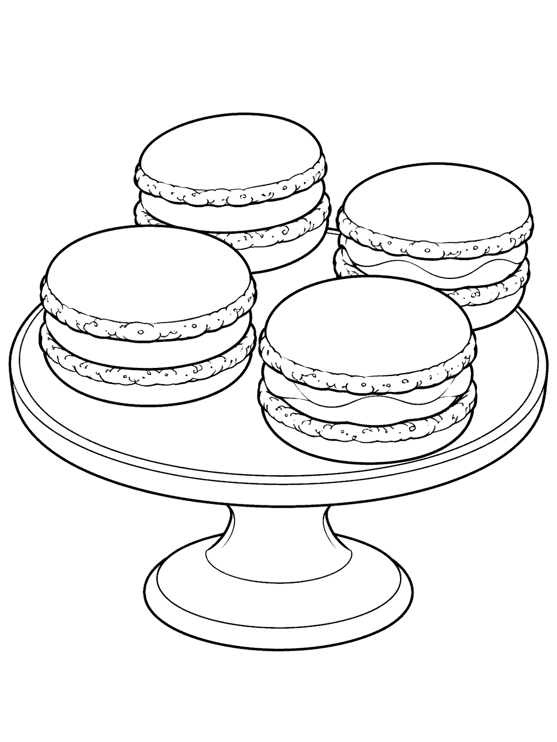 Black-and-white coloring page showing four large macarons on a broad cake stand plate and pedestal.