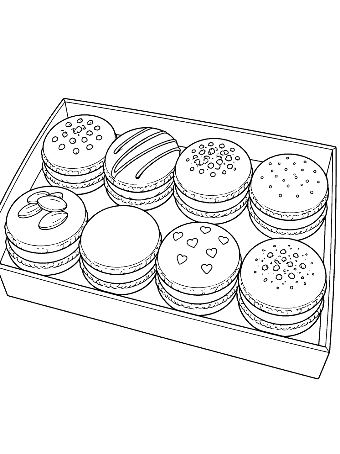 Macaron bakery tray coloring page with eight decorated macarons arranged in two rows on a rectangular tray.