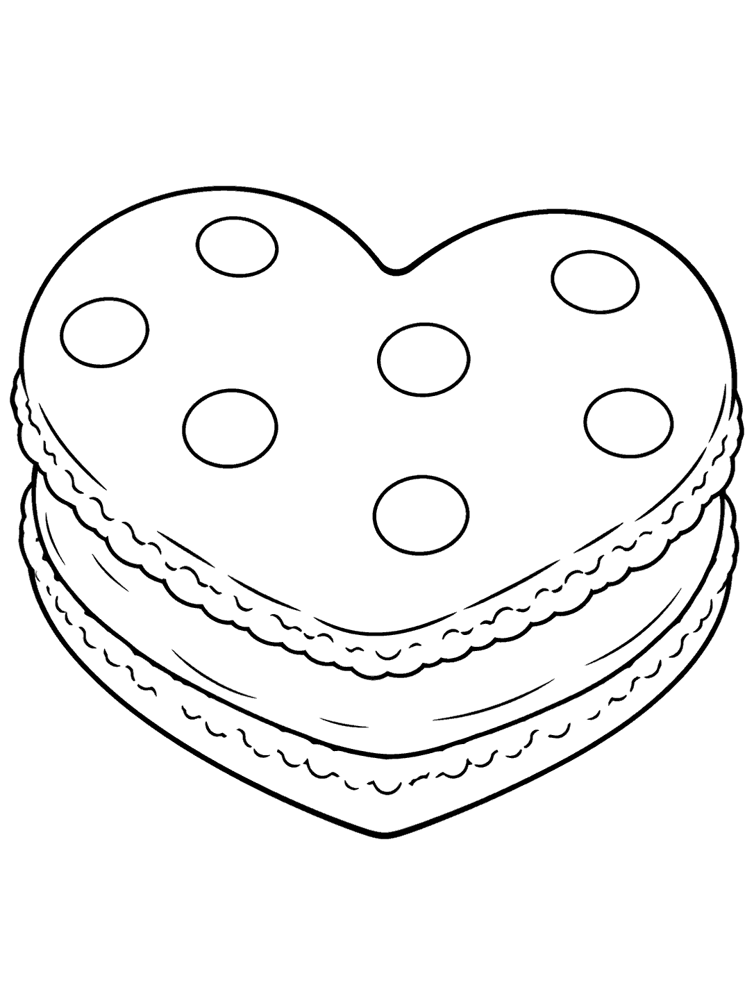 Black outline coloring page of a large heart-shaped macaron with six oval dots on its top shell and a ruffled filling band.