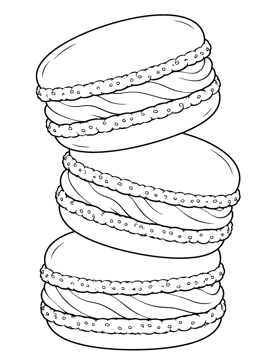 Black-and-white coloring page of three large macarons stacked with ruffled filling bands.