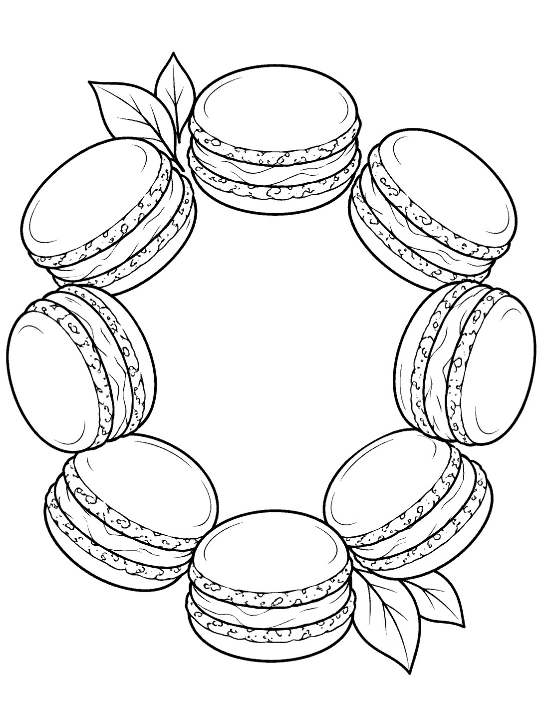 Eight outlined macarons and two leaves arranged in a circular wreath with a clear open center.