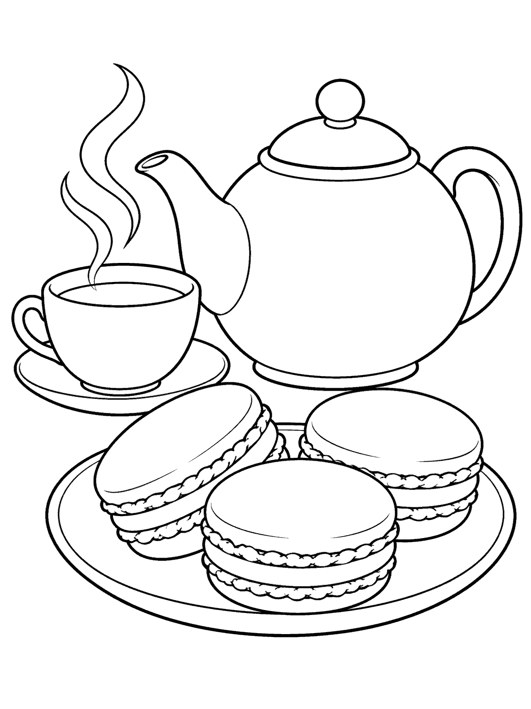 Macaron and teapot coloring page with a rounded teapot, steaming teacup, and three large macarons on a plate.