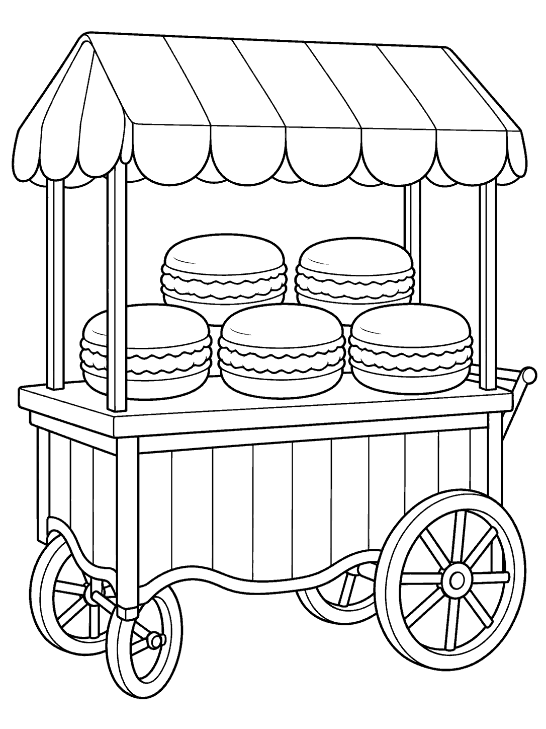 Black and white coloring page showing a wheeled dessert cart with five macarons beneath a striped canopy.