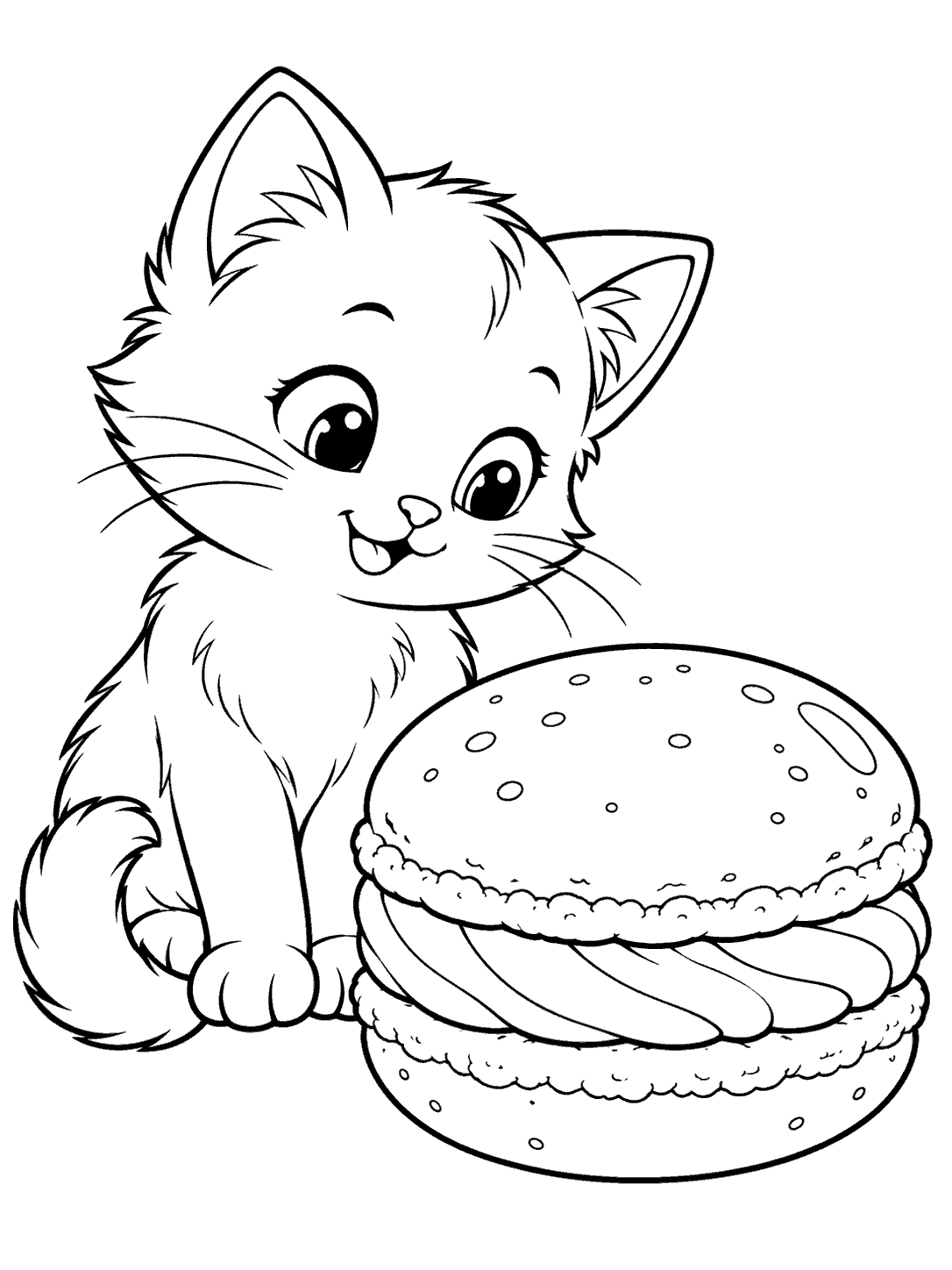 A wide-eyed kitten looking toward an oversized macaron in a black-and-white coloring page.