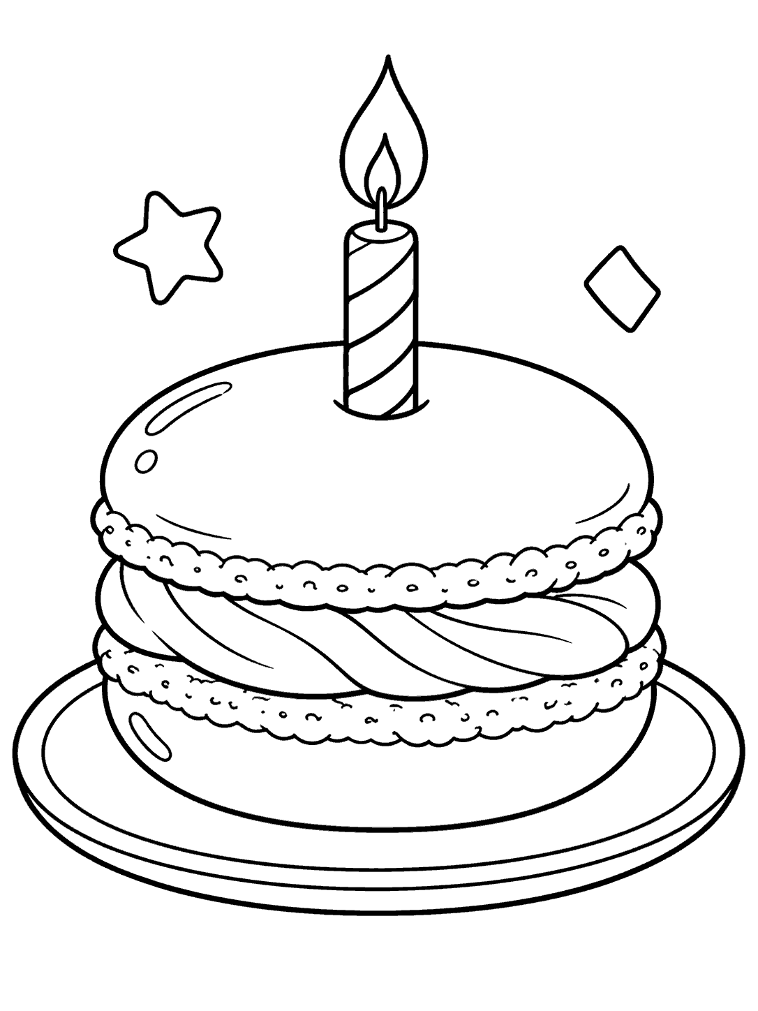 Black-and-white coloring page showing a large macaron on a plate with a striped candle and two confetti shapes.