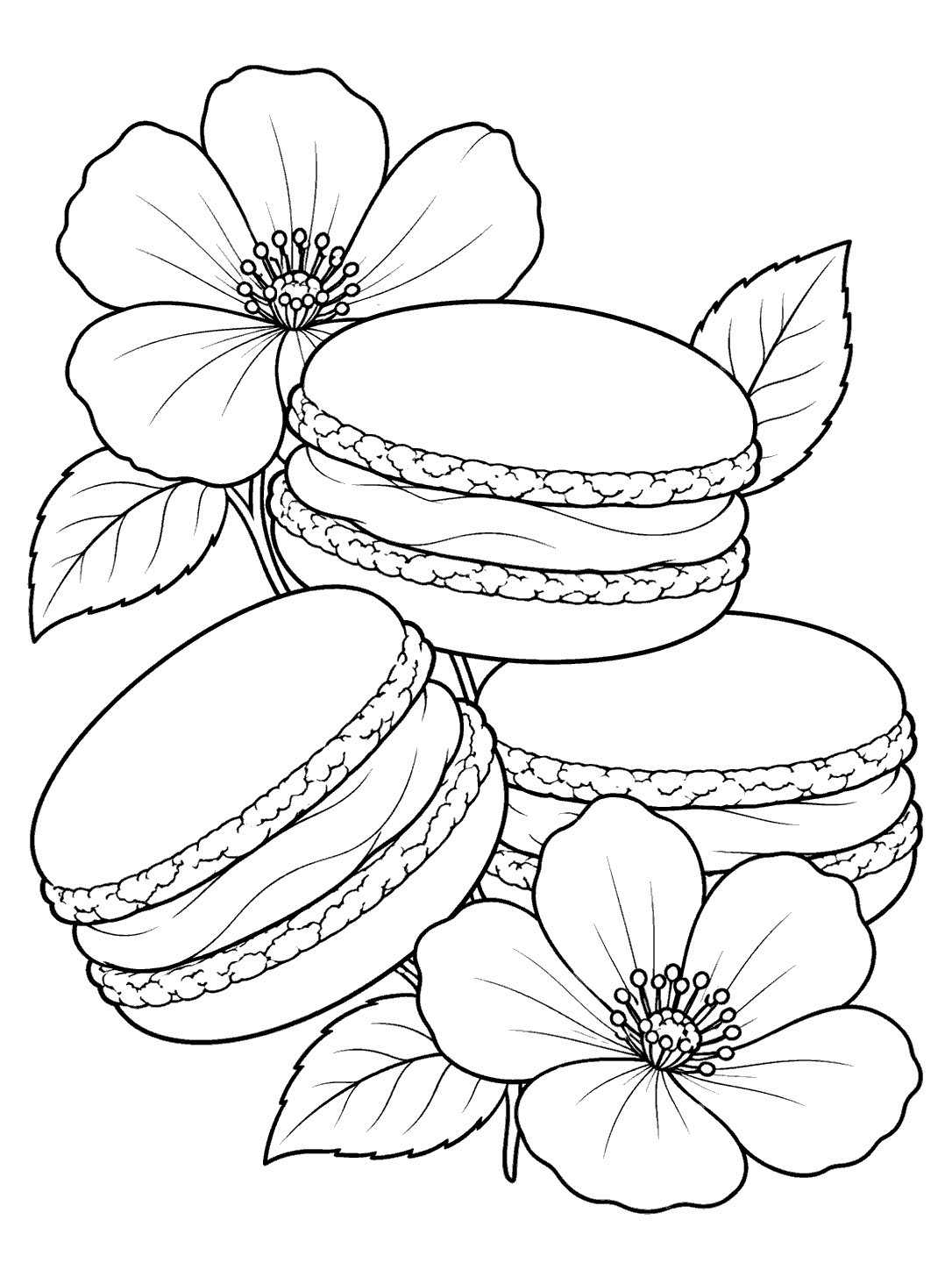 Three large macarons arranged with two broad-petaled flowers and leaves in a black-and-white coloring page.